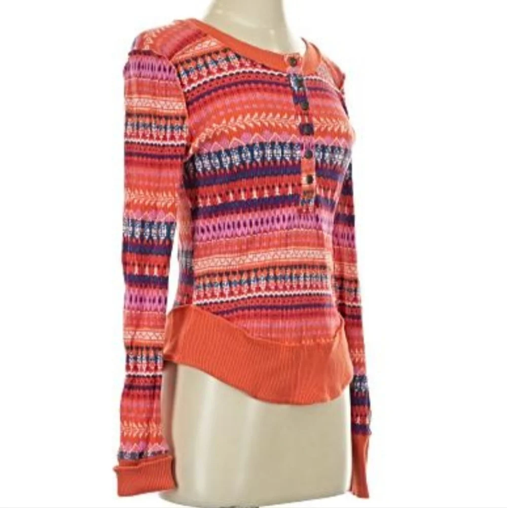 Free People FP Movement Rally Fired Up Combo Orange Multi Colored Henley Top